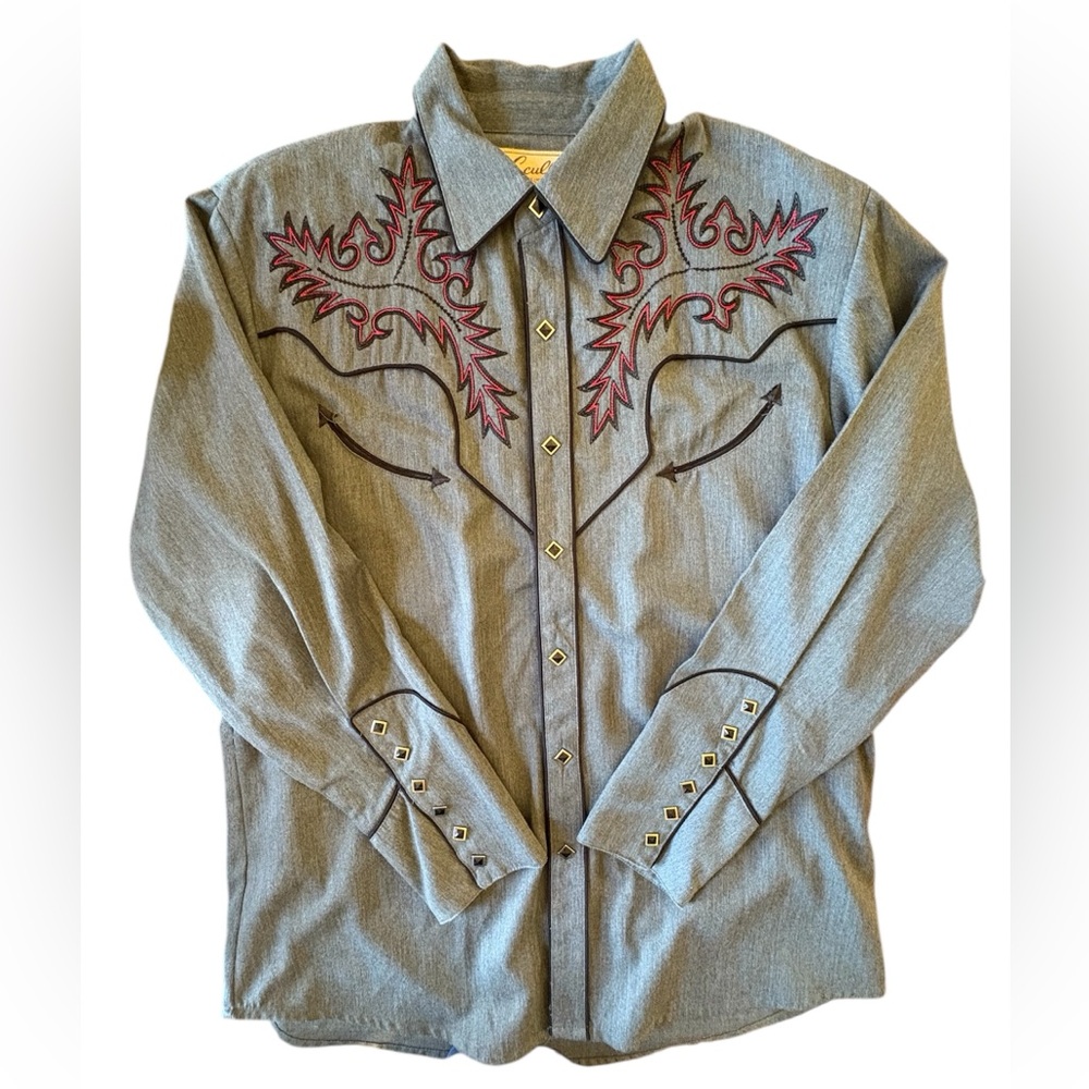 Scully Mens Western Shirt Size L Grey Embroidered Pearl Snap